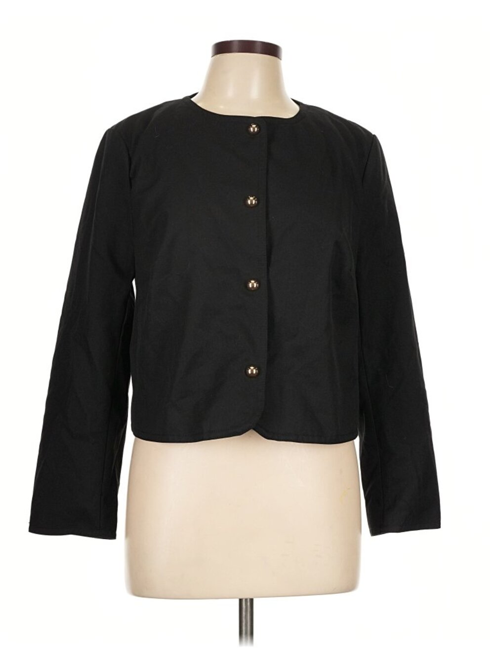 H&M Black Collarless Jacket Women's M Gold Snap Front Minimalist Blazer Office